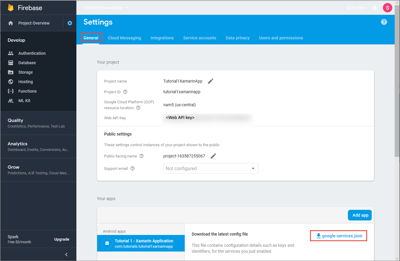 Transfira google-services.json a partir do separador Geral