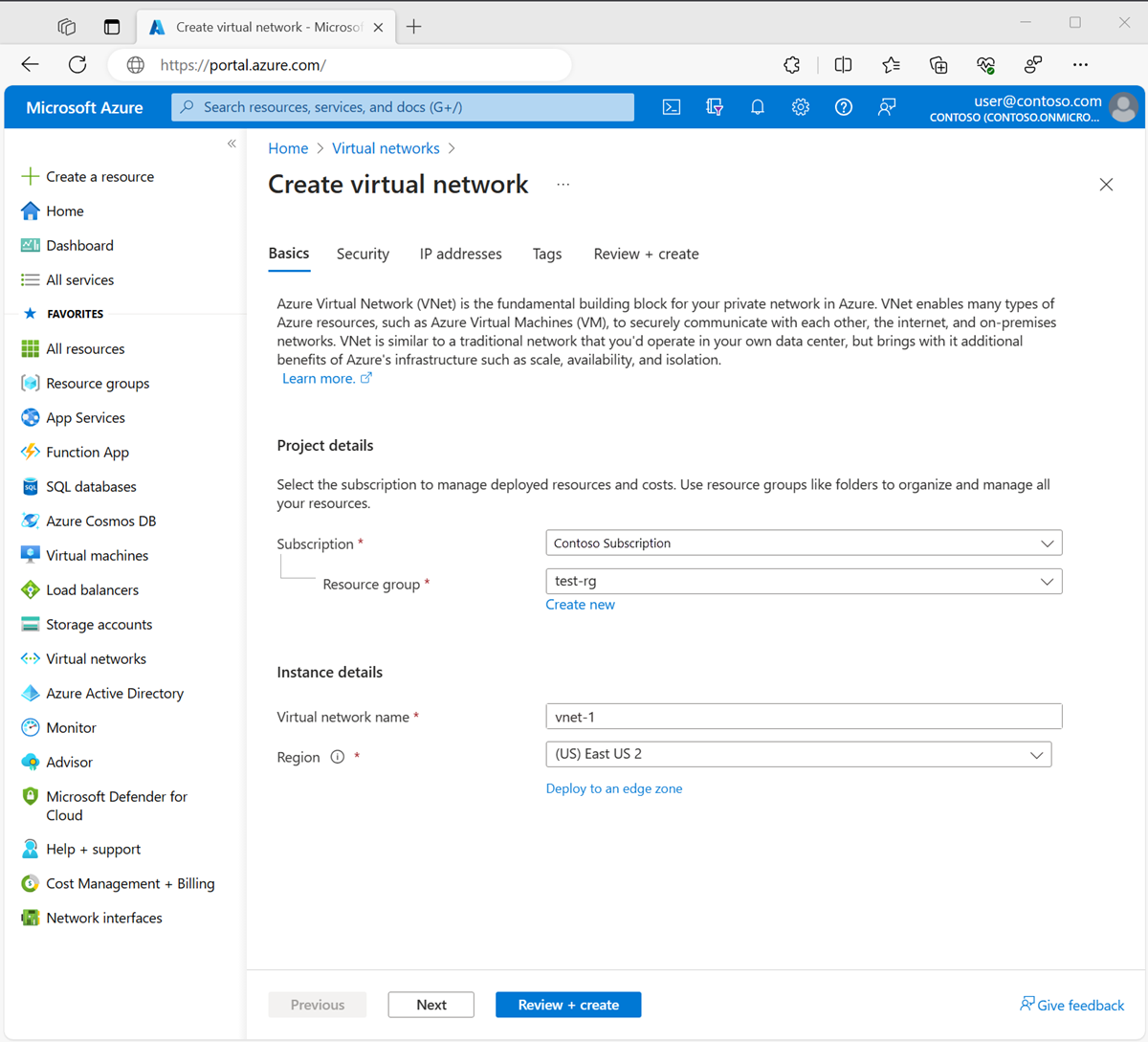 Captura de ecrã do separador Noções básicas de Criar rede virtual no portal do Azure.