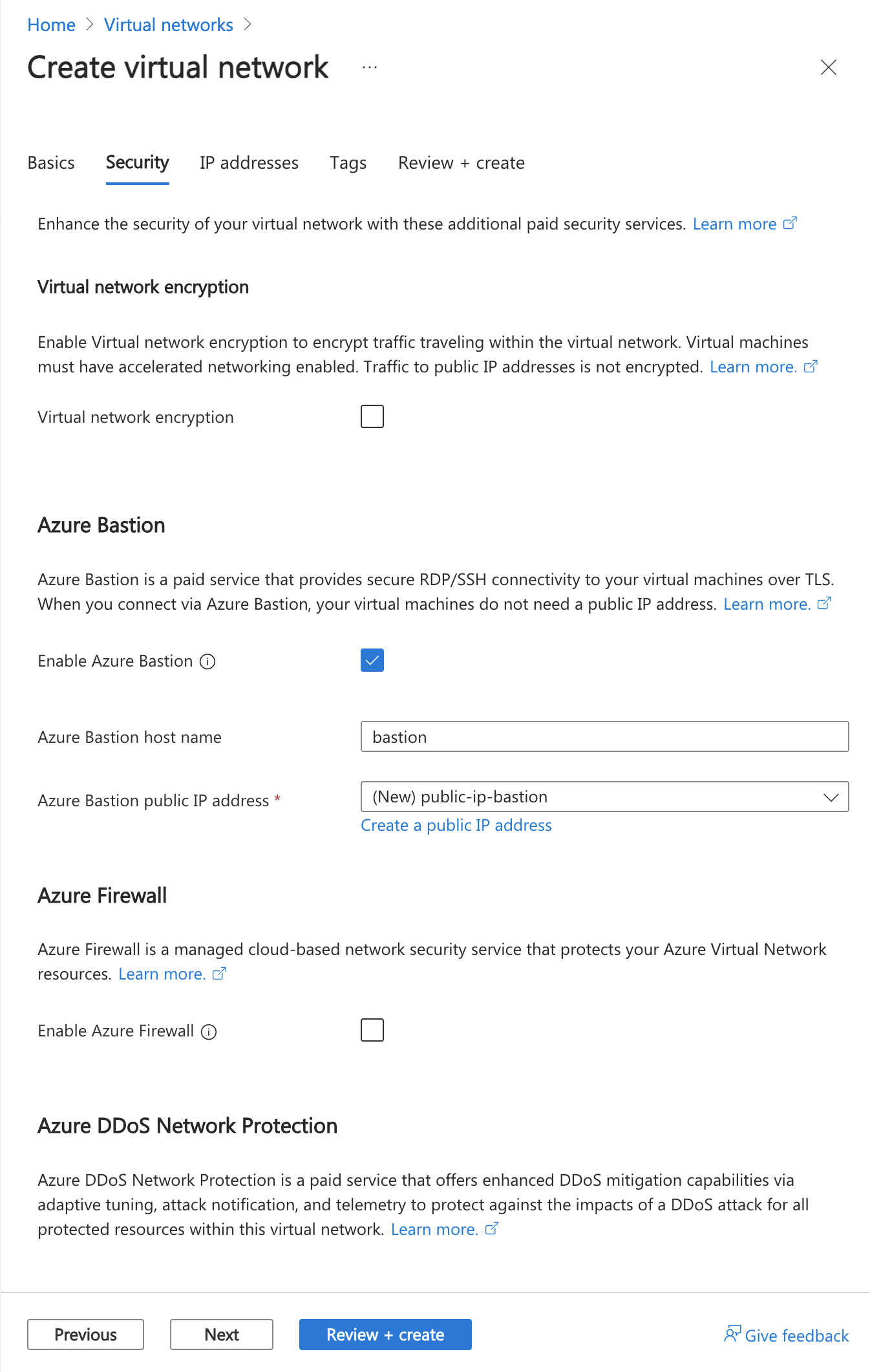 Captura de ecrã de ativar o anfitrião bastião em Criar rede virtual no portal do Azure.