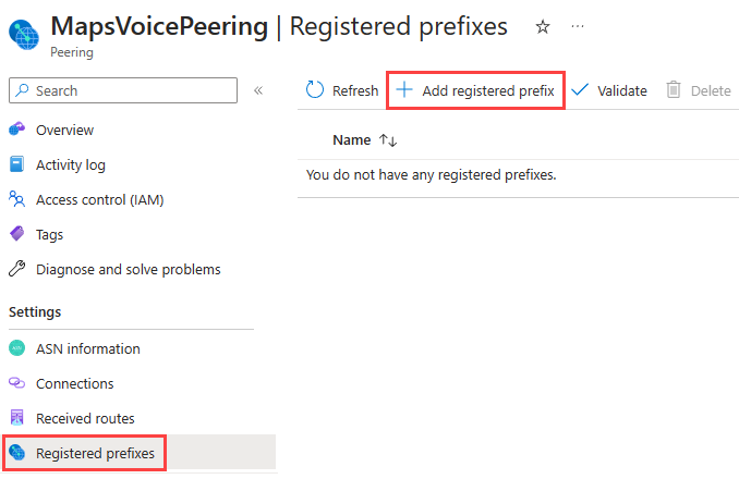 Captura de ecrã que mostra o painel de prefixo Registado no portal do Azure.