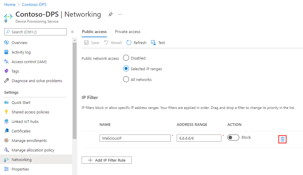 Delete an IoT DPS IP filter rule.