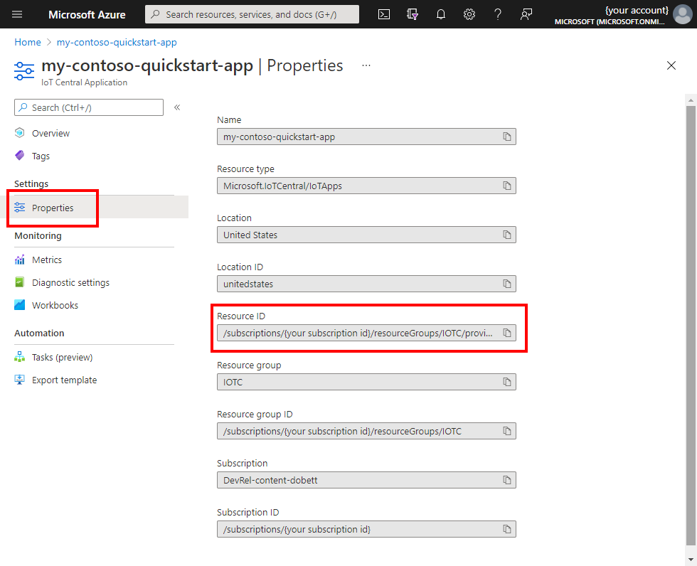 Recupere o ID do recurso das propriedades do IoT Central.