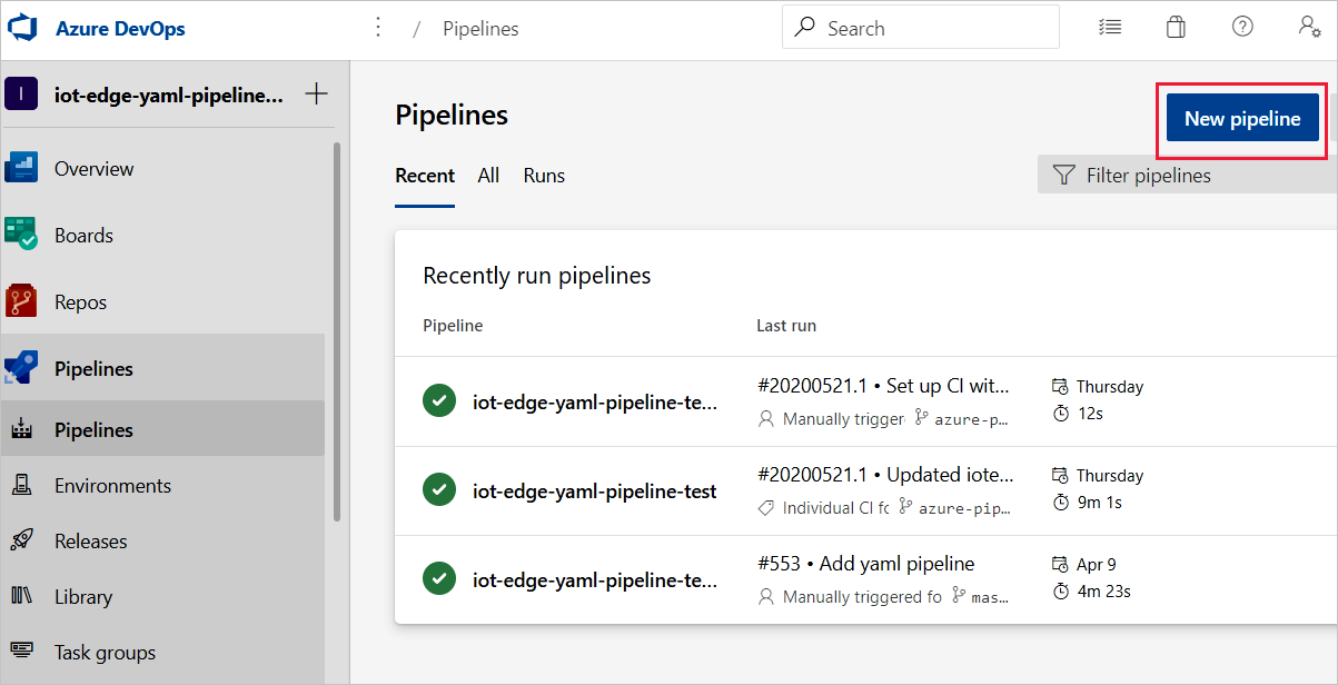 Captura de tela mostrando como criar um novo pipeline de compilação usando o botão Novo pipeline .