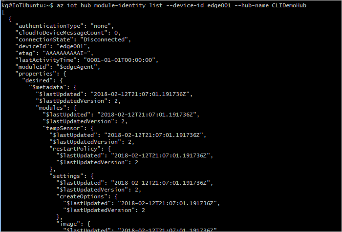 Captura de tela mostrando a saída do comando az iot hub module-identity list.