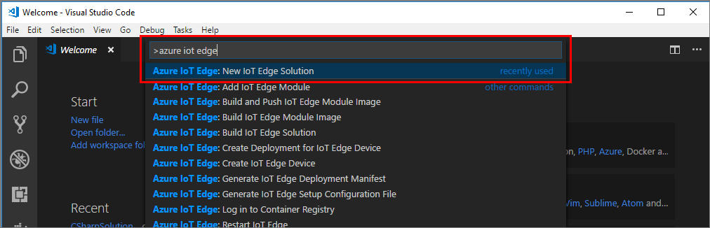 Captura de tela mostrando como executar a Nova Solução IoT Edge.