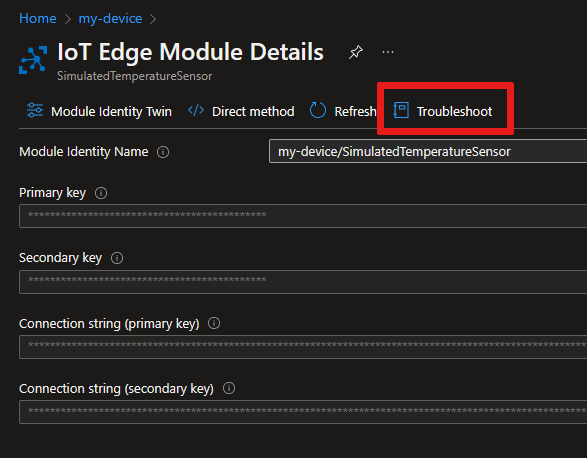 Captura de ecrã da localização do separador Resolução de Problemas no portal do Azure, página de detalhes do módulo.