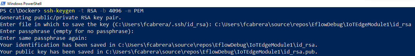 Screenshot of the PowerShell command to create an SSH key.