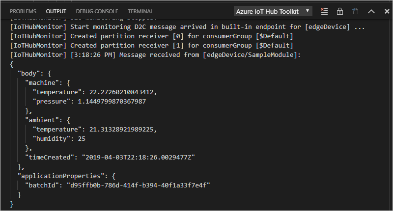 Captura de ecrã a mostrar onde ver as mensagens recebidas do dispositivo para a nuvem.