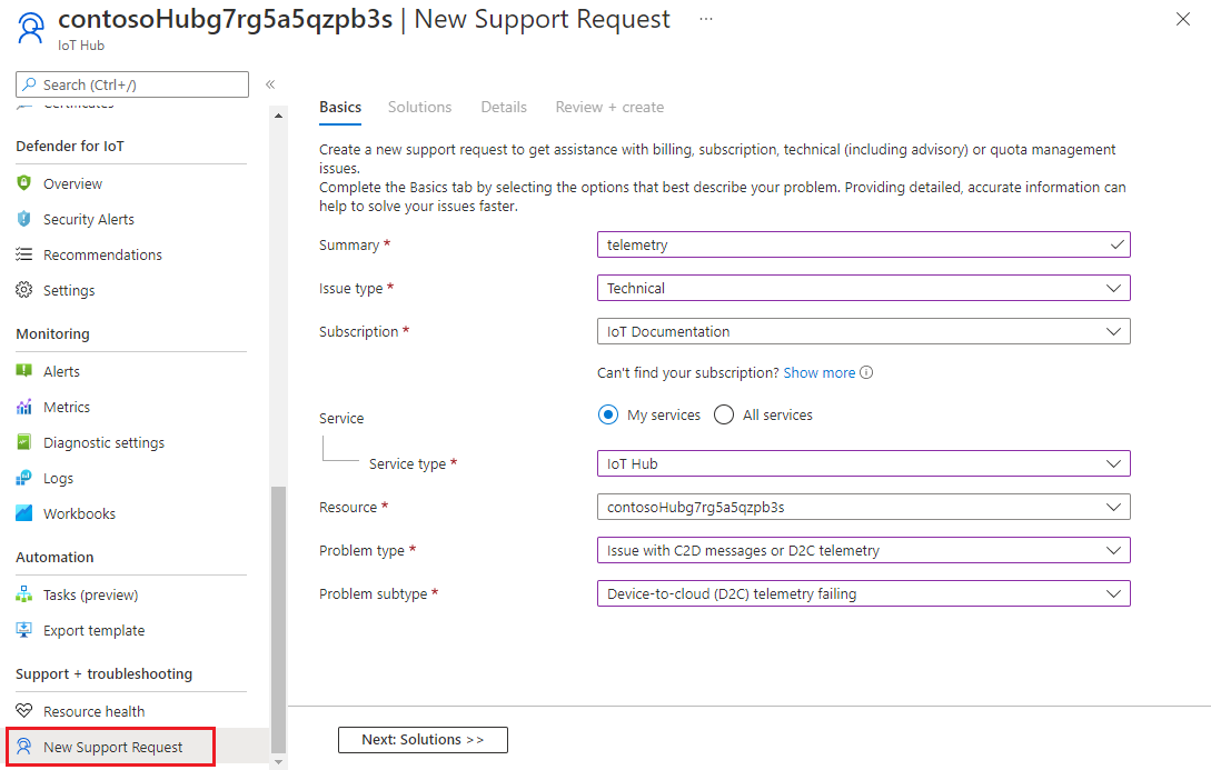 Captura de tela que mostra a seleção de um problema na solicitação de suporte do portal do Azure.