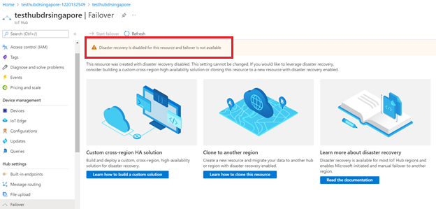 Captura de tela que mostra a recuperação de desastres desabilitada para um hub IoT na região de Cingapura.