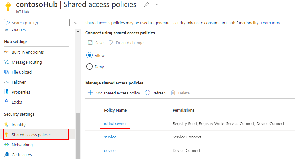 Abra a política de acesso compartilhado iothubowner.
