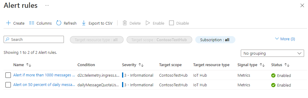 Captura de ecrã a mostrar o painel Regras com as novas regras de alerta.