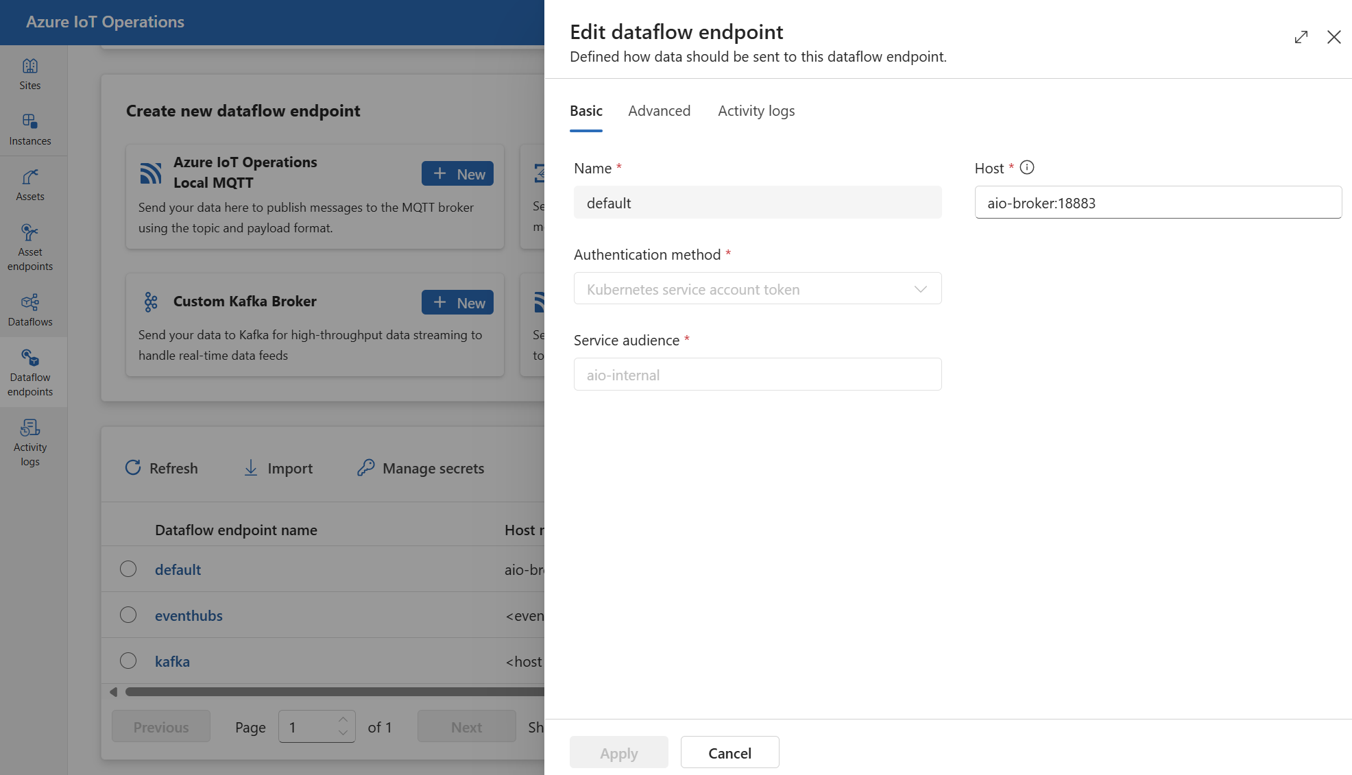 Captura de tela usando a experiência de operações para exibir o ponto de extremidade de fluxo de dados MQTT padrão.