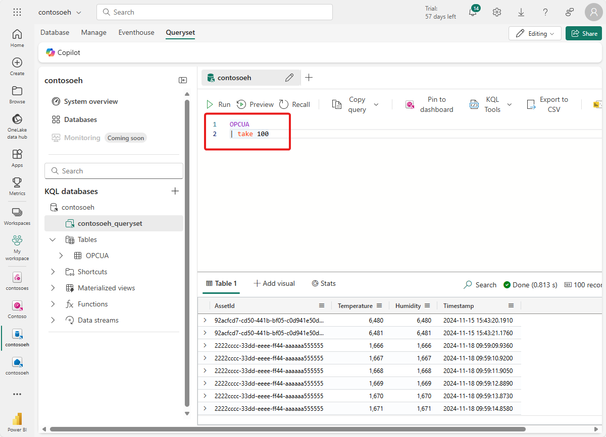 Captura de ecrã dos mesmos dados que estão a ser consultados a partir da base de dados KQL.