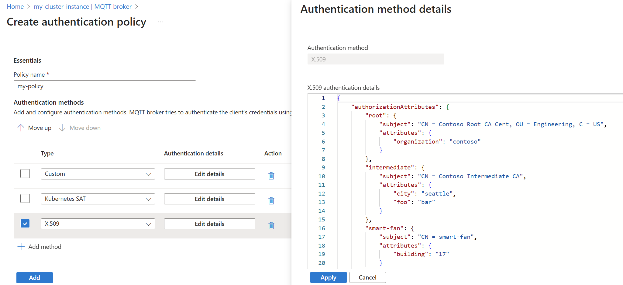 Captura de tela usando o portal do Azure para definir o método de autenticação X.509 do agente MQTT.