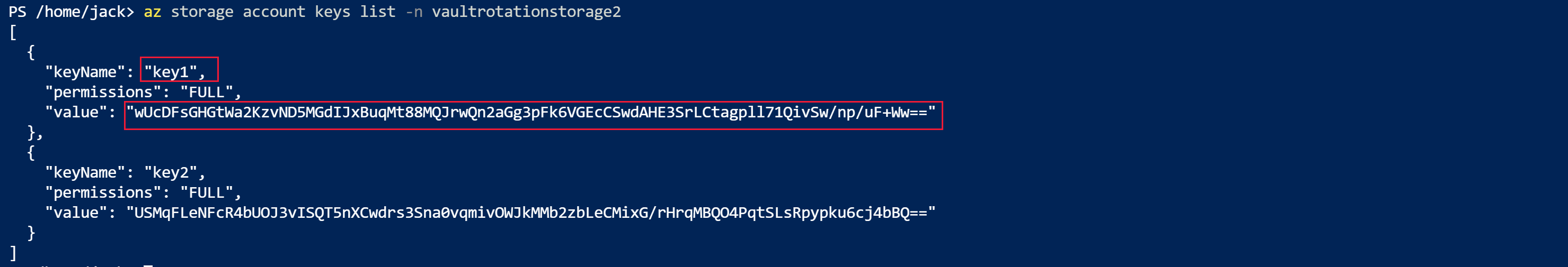 Captura de tela que mostra a saída do comando A Z storage account keys list para a segunda conta de armazenamento.