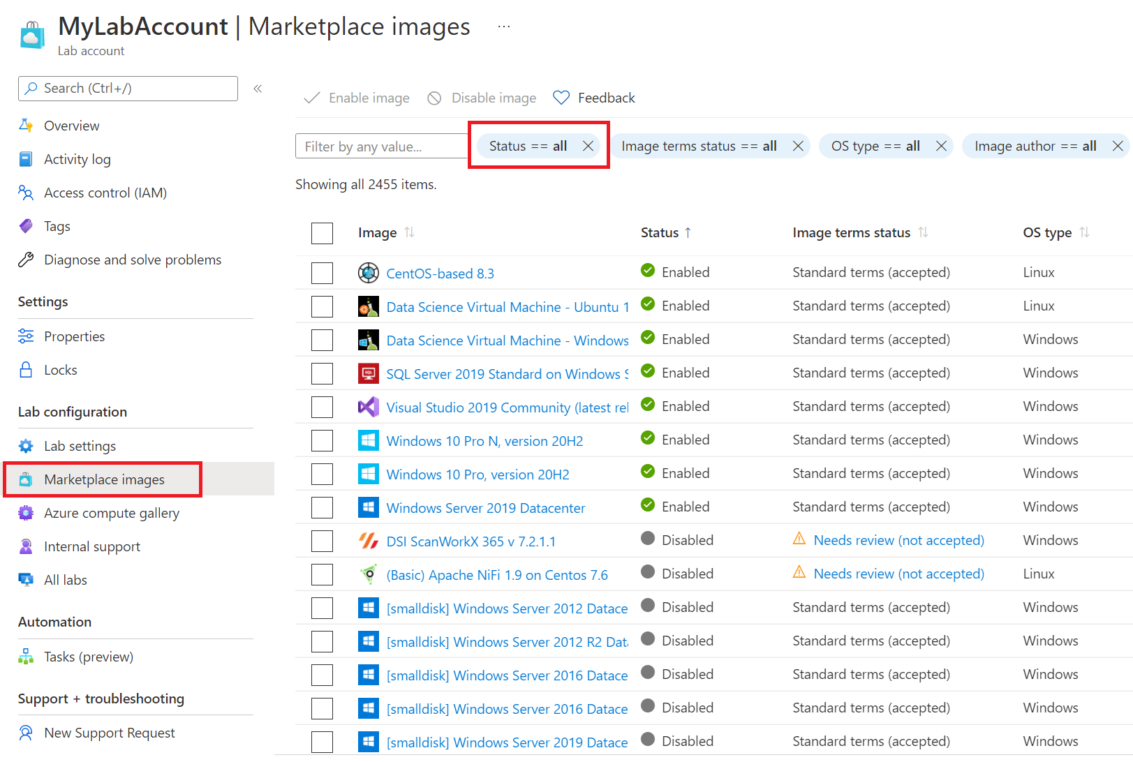 Captura de tela que mostra a página de imagens do Marketplace para uma conta de laboratório. O menu de imagens do Marketplace e o filtro de status são realçados.