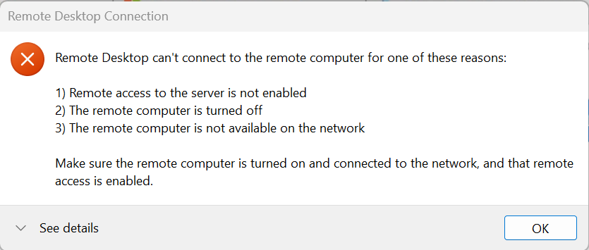 Modal para Conexão de Área de Trabalho Remota que mostra um erro informando que 'Área de Trabalho Remota não pode se conectar ao computador remoto ... Verifique se o computador remoto está ligado e conectado à rede e se o acesso remoto está habilitado'