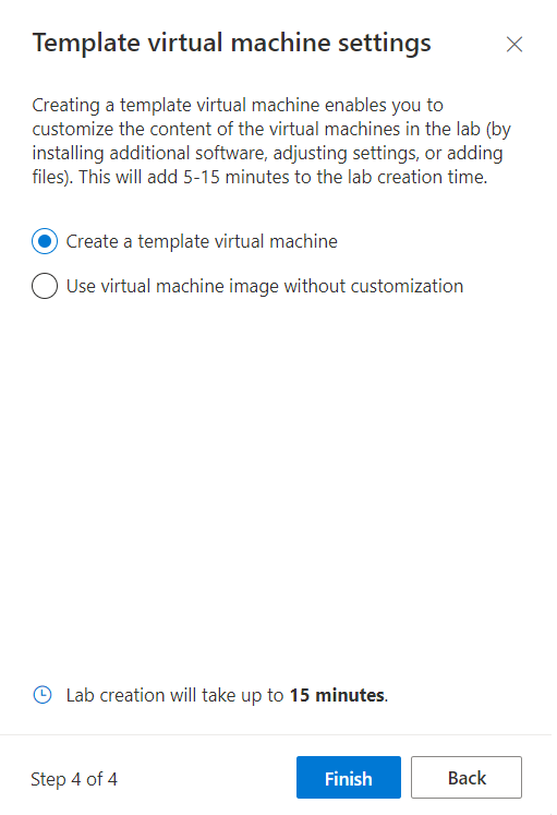 Captura de ecrã da janela Definições de modelo de máquina virtual ao criar um novo laboratório do Azure Lab Services.