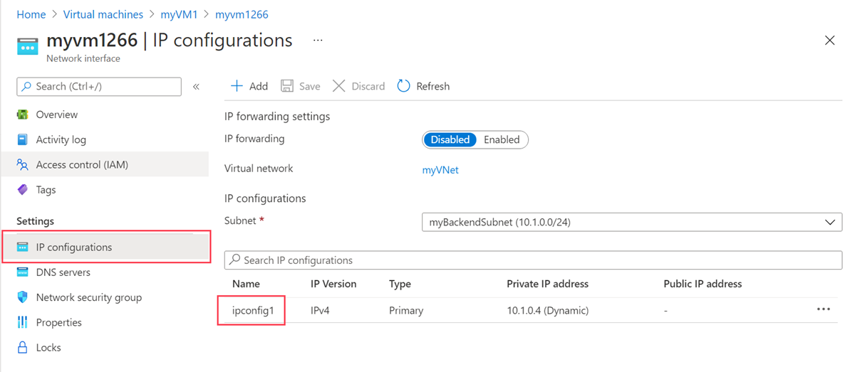 Captura de ecrã da configuração da interface de rede myVM1.