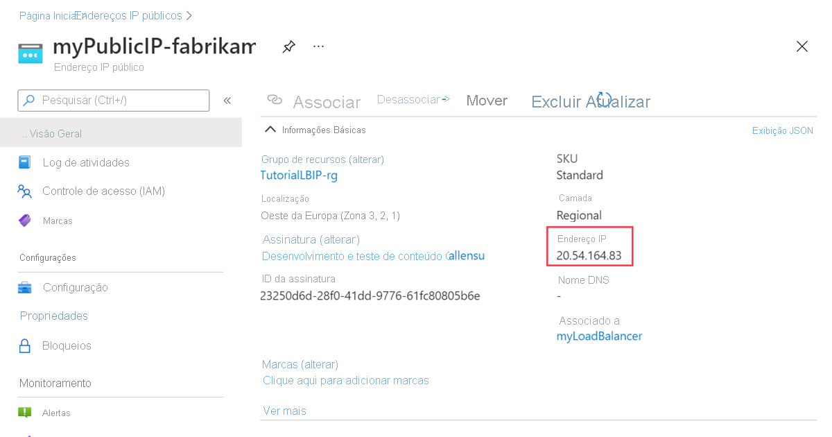 Captura de ecrã do endereço IP público myPublicIP-contoso.
