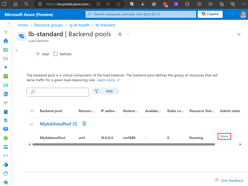 Captura de tela da janela de pools de back-end com o link admin state realçado.