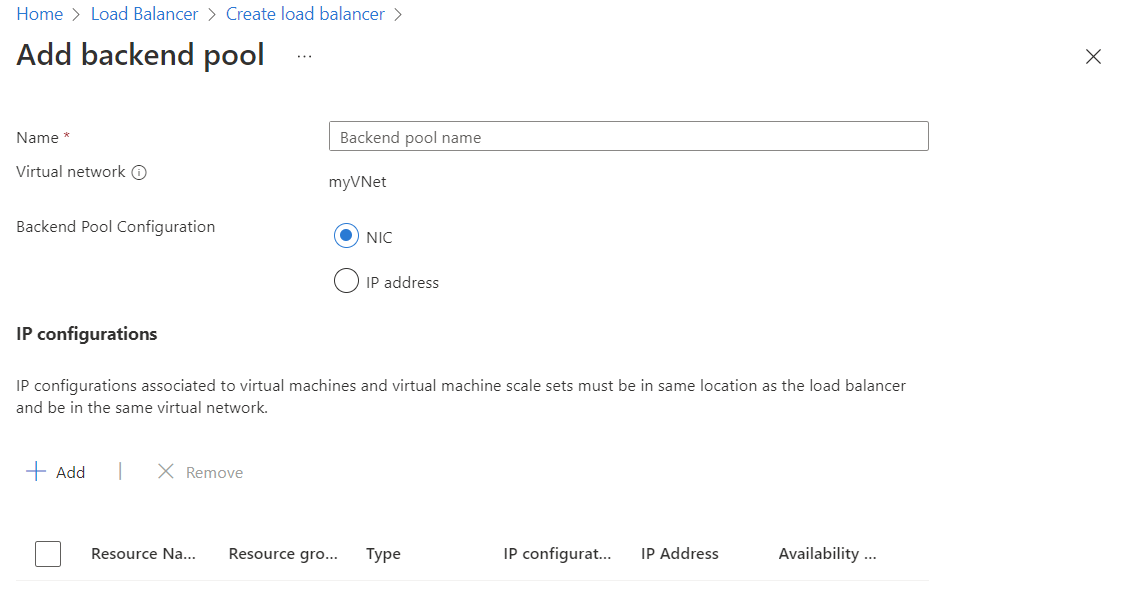 Captura de tela da página Adicionar pool de back-end com a NIC selecionada como tipo de configuração.