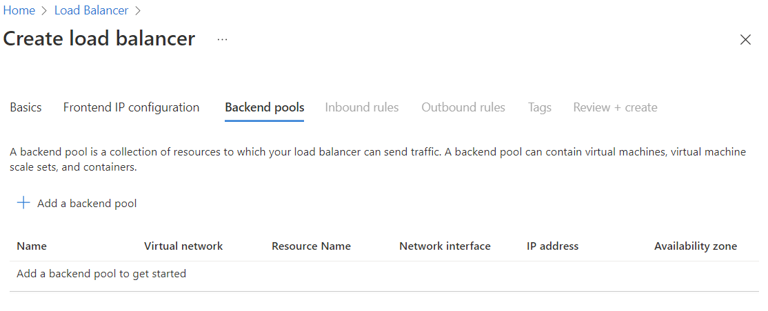 Captura de tela da guia criar pool de back-end.