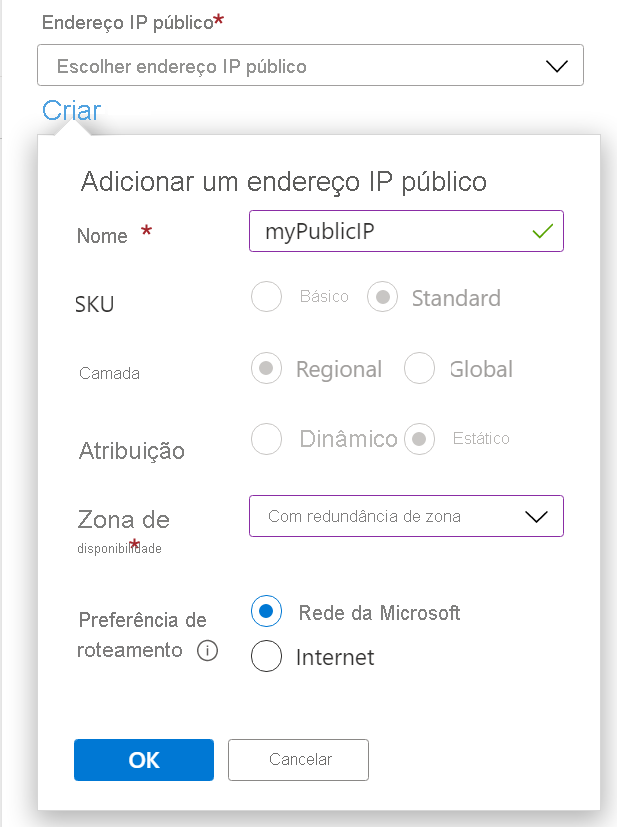 Captura de ecrã da criação de IP público.