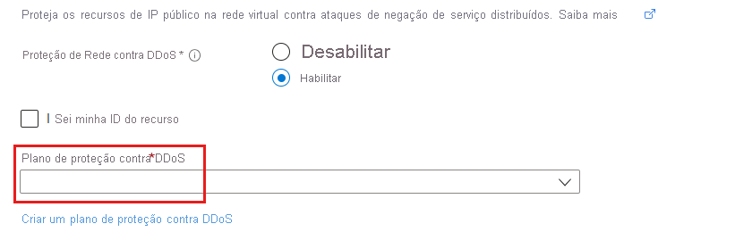 Captura de ecrã a mostrar a ativação de DDoS durante a criação de rede virtual.