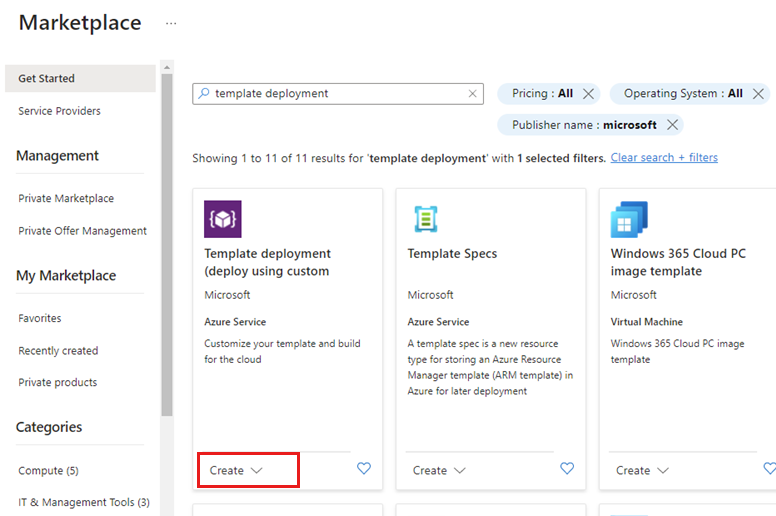 Captura de ecrã que mostra a opção de implementação Modelo no Azure Marketplace, realçando o botão Criar.