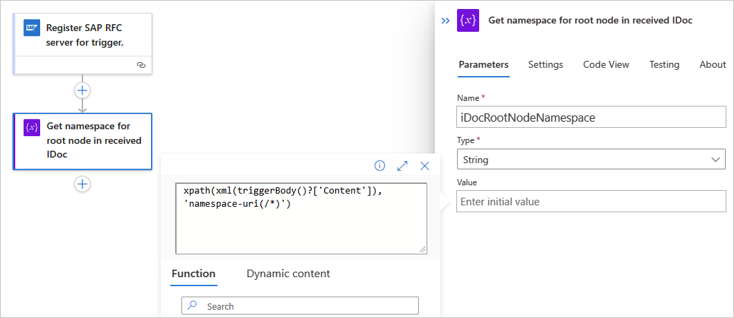 A captura de tela mostra a expressão para obter o namespace do nó raiz do IDoc recebido para um fluxo de trabalho Padrão.