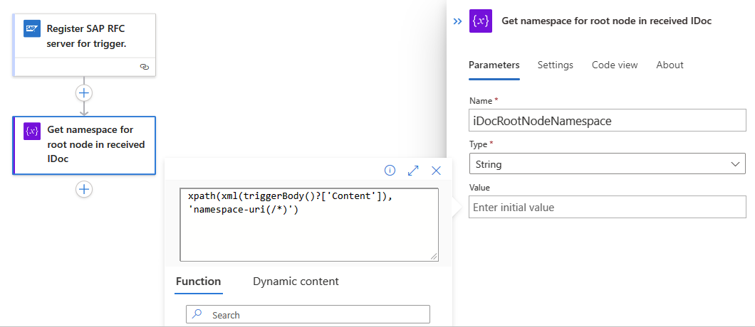 A captura de tela mostra o fluxo de trabalho e a ação com expressão para obter o namespace do nó raiz do IDoc recebido.