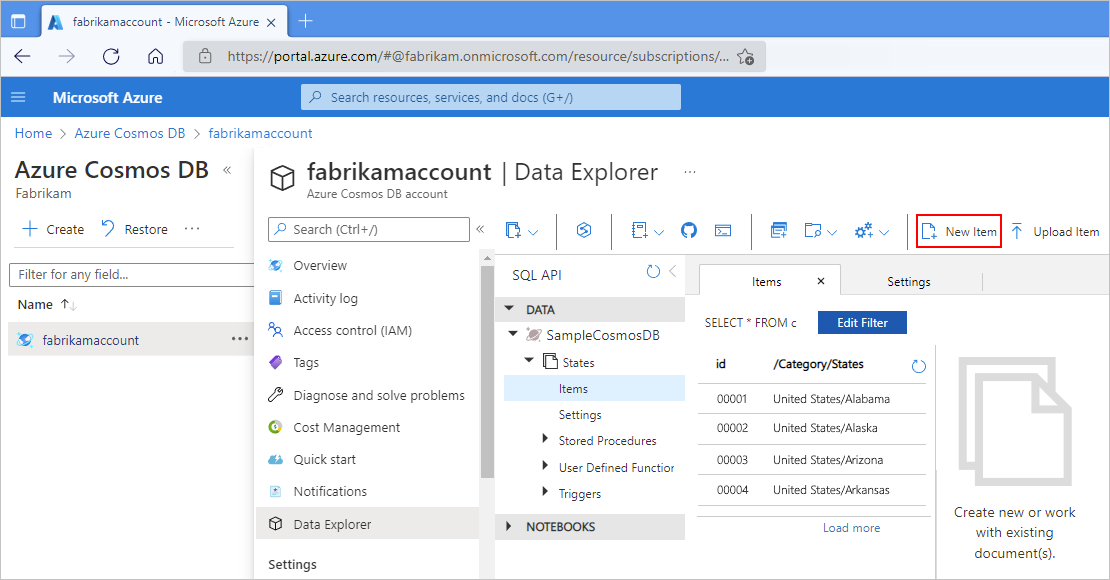 Captura de ecrã a mostrar o portal do Azure, a conta do Azure Cosmos DB e o Data Explorer abertos para a base de dados e a coleção especificadas.