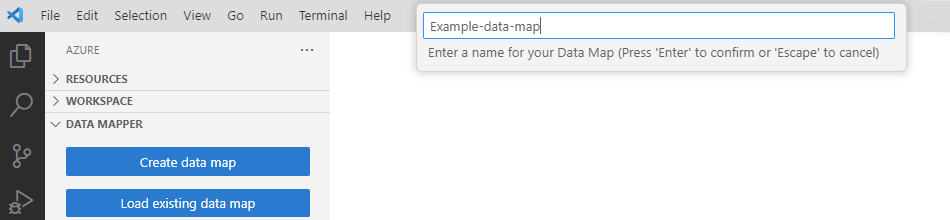 A captura de tela mostra a caixa de prompt e o nome do mapa de dados de exemplo.