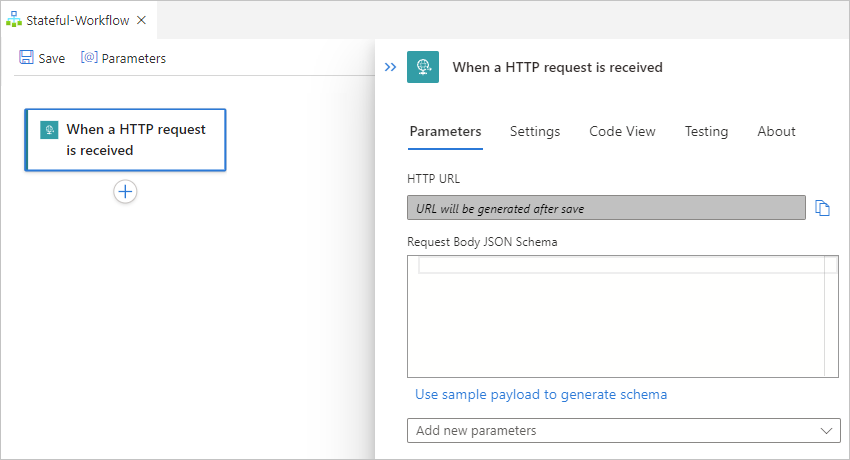 A captura de tela mostra o painel de informações do gatilho chamado Quando uma solicitação HTTP é recebida.