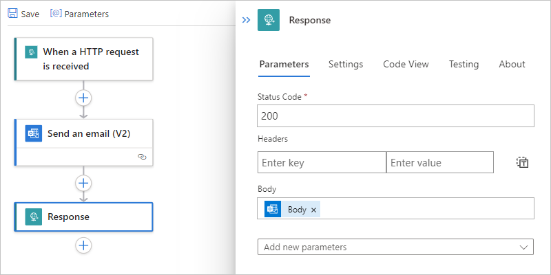 A captura de tela mostra o designer de fluxo de trabalho, o painel Informações de resposta e o parâmetro Body definidos como Valor de corpo para a ação chamada Enviar um email.