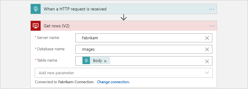 Captura de tela mostrando o fluxo de trabalho filho de consumo que obtém as linhas de cada tabela.