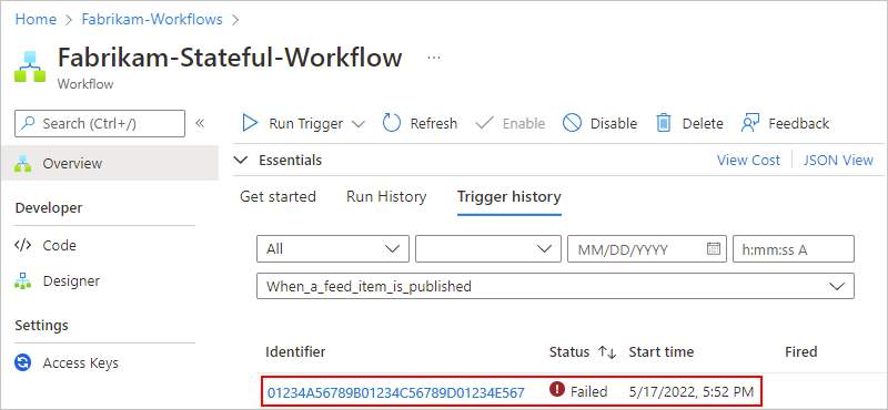 Captura de tela mostrando o portal do Azure com histórico de gatilhos de fluxo de trabalho de aplicativo lógico padrão.