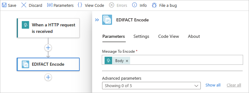 A captura de tela mostra o fluxo de trabalho padrão, a ação chamada EDIFACT Encode e as propriedades de codificação de mensagens.