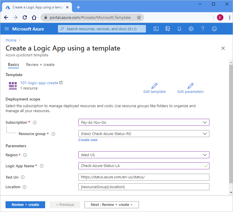 Captura de tela mostrando o portal do Azure com propriedades e valores de exemplo 