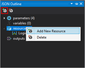 A captura de tela mostra a janela chamada JSON Outline.