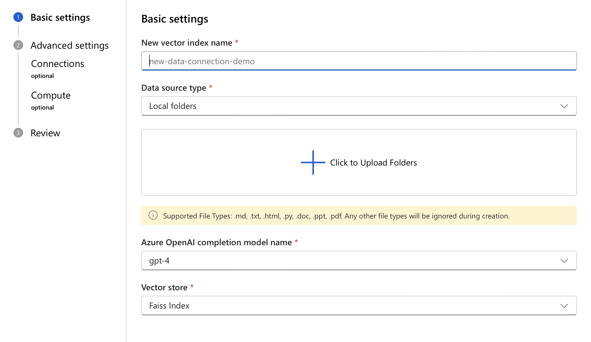 Captura de tela que mostra as configurações básicas para criar um índice vetorial.