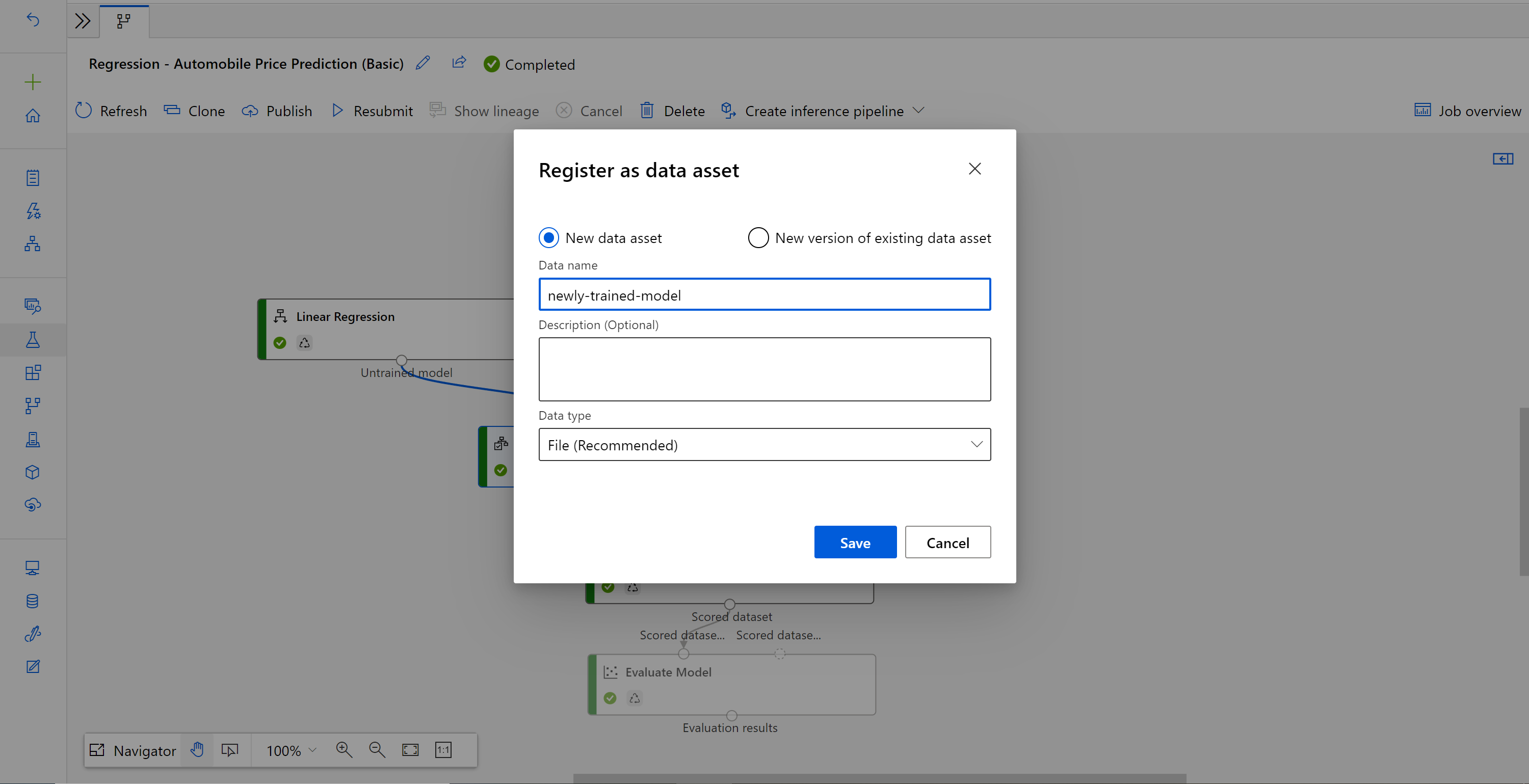 Captura de tela do registro como um ativo de dados com o novo ativo de dados selecionado.