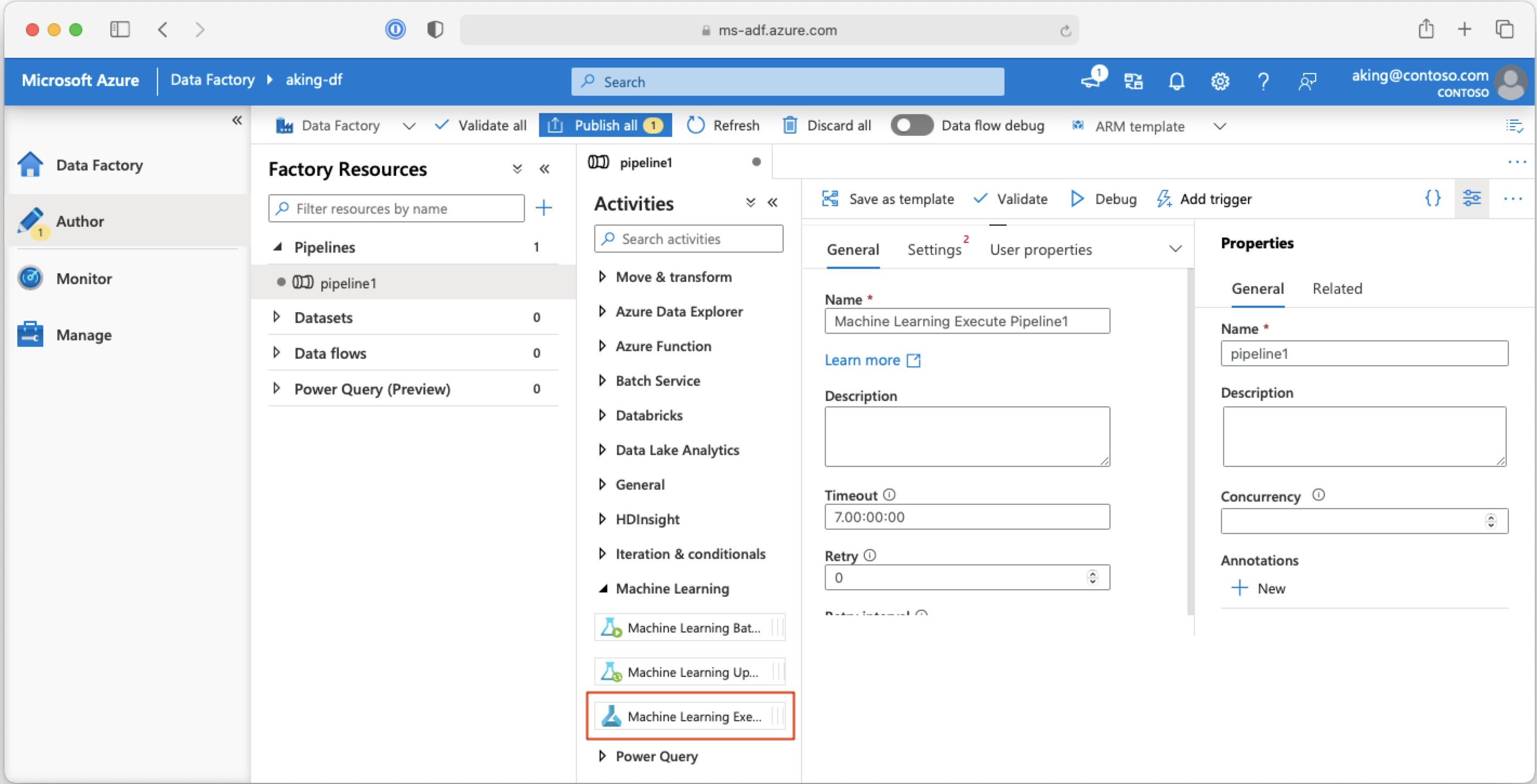 Captura de tela mostrando a atividade do pipeline de ML no ambiente de criação do Azure Data Factory