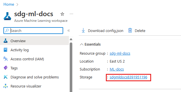 A captura de tela mostra o link para armazenamento no portal do Azure.