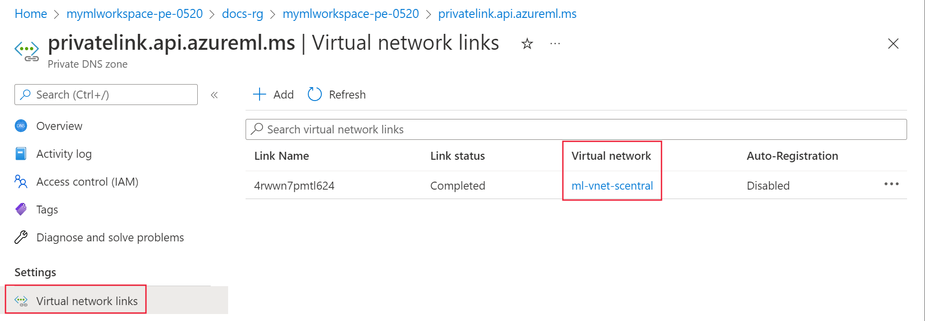 Captura de ecrã das ligações de rede virtual para a zona DNS Privado.