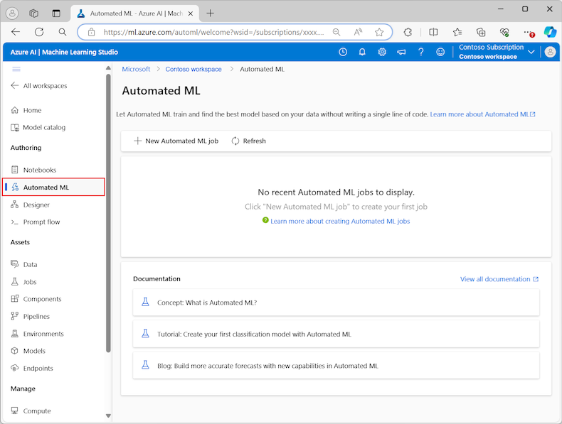 Captura de tela que mostra a página de visão geral da Criação para ML automatizado no estúdio do Azure Machine Learning.