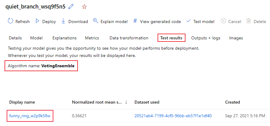 Captura de tela que mostra a guia de resultados do teste para o modelo recomendado testado automaticamente.