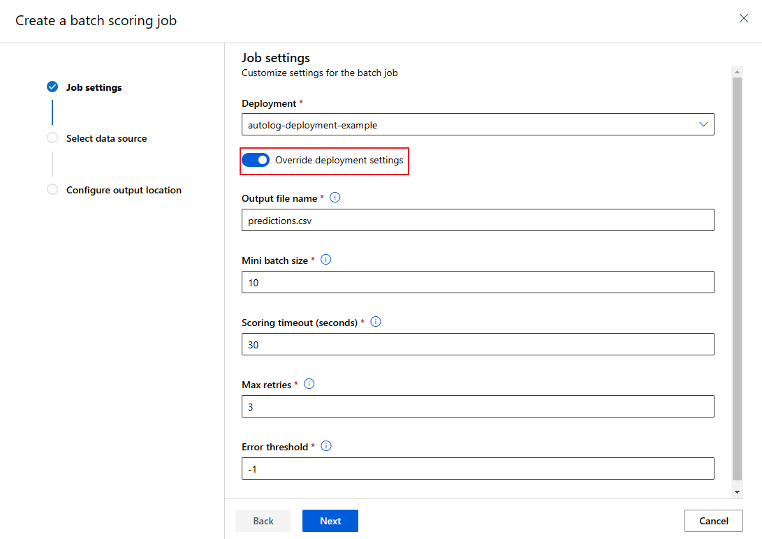 Captura de tela da configuração de substituição ao iniciar um trabalho em lotes.